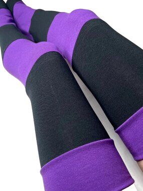 ORGANIC COTTON Striped Leg Warmers Black Purple Patchwork Leggings Knee Socks OS